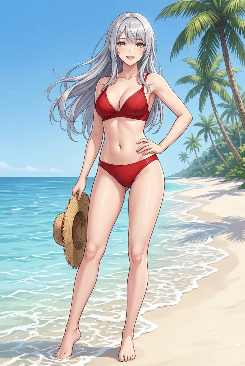Azelle, a fictional adult anime woman standing at the water’s edge