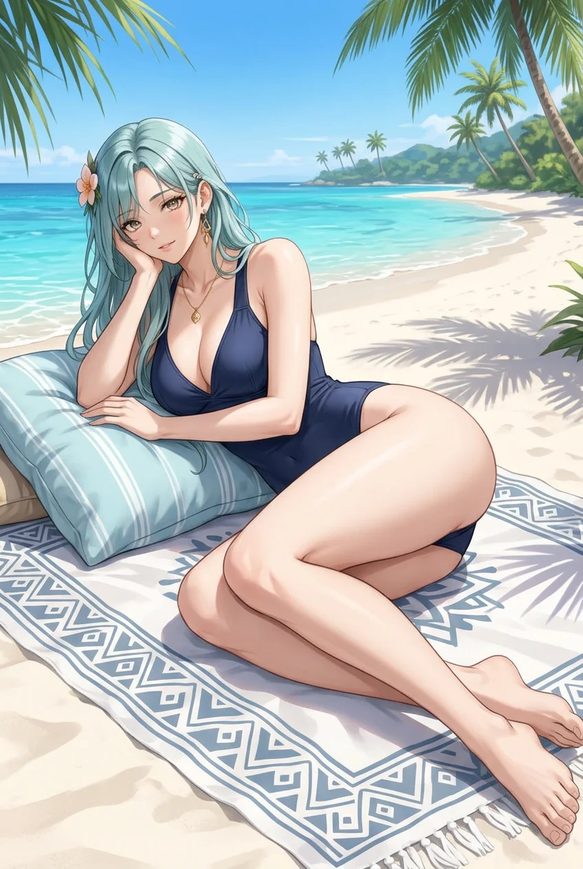 Ismerie, a fictional adult anime woman lying on a beach blanket