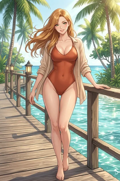 Solenne, an adult anime woman standing on a coastal boardwalk