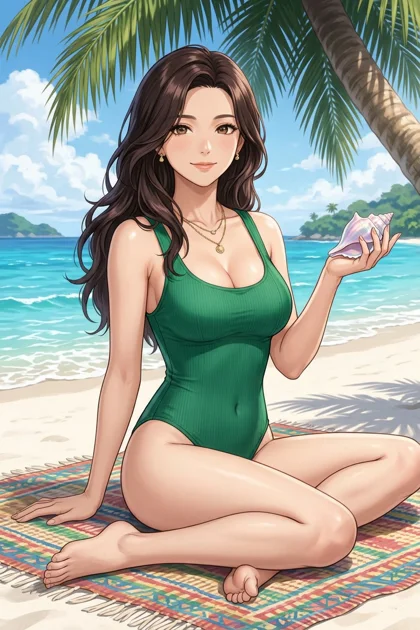 Thalira, an adult anime woman sitting cross-legged beneath a palm