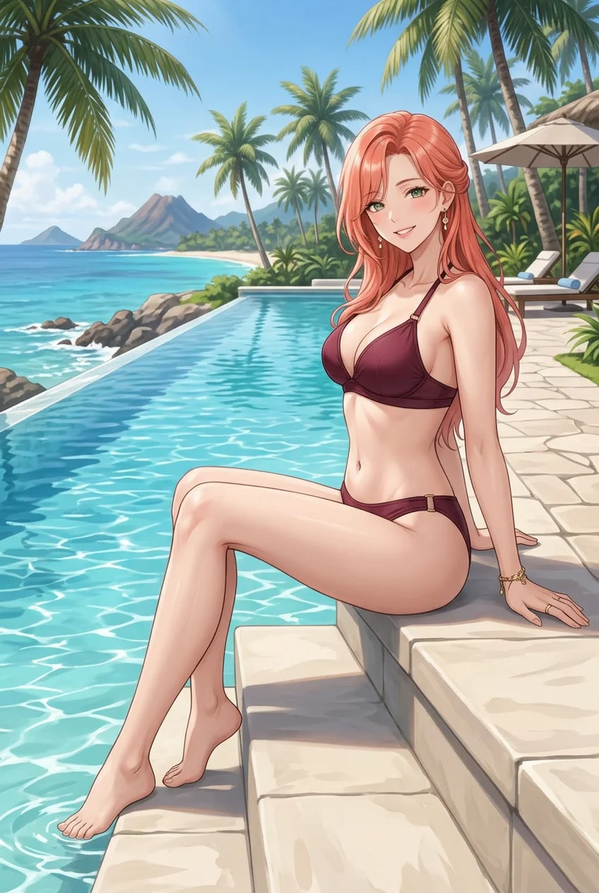 Vespera, a fictional adult anime woman seated on poolside steps